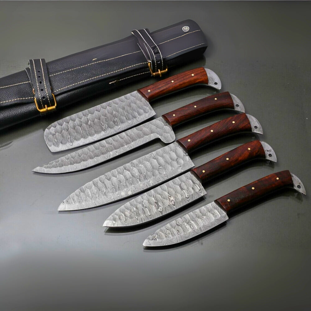 Handmade Damascus steel chef knives set of 5 pcs with leather sheath - CKS102