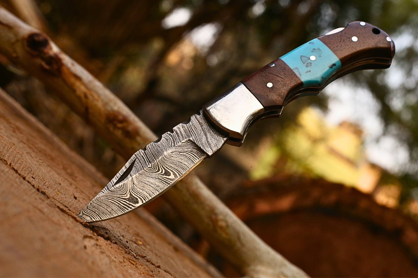 Custom Damascus Folding Pocket Knife | Turquoise Feroza & Rosewood Handle | Leather Cover