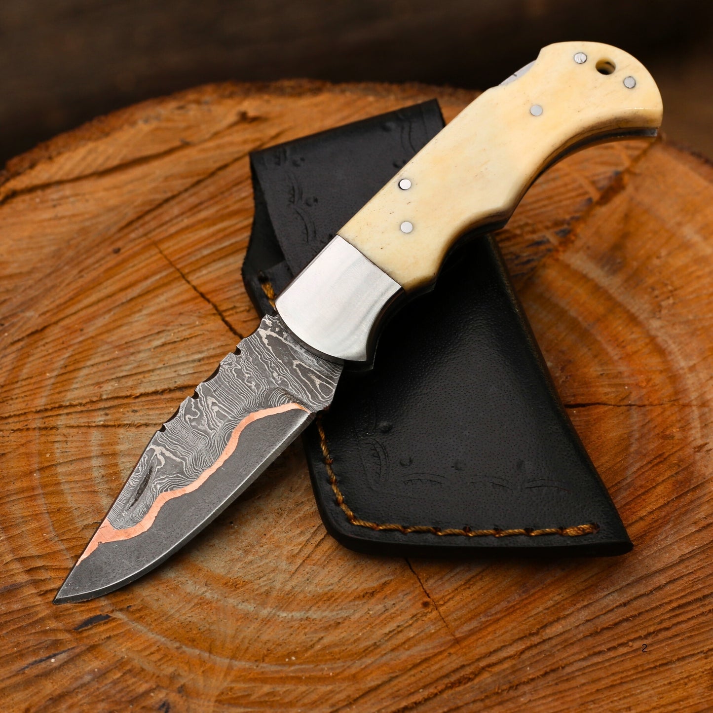 Handcrafted Copper Damascus Folding Knife - CDK 301