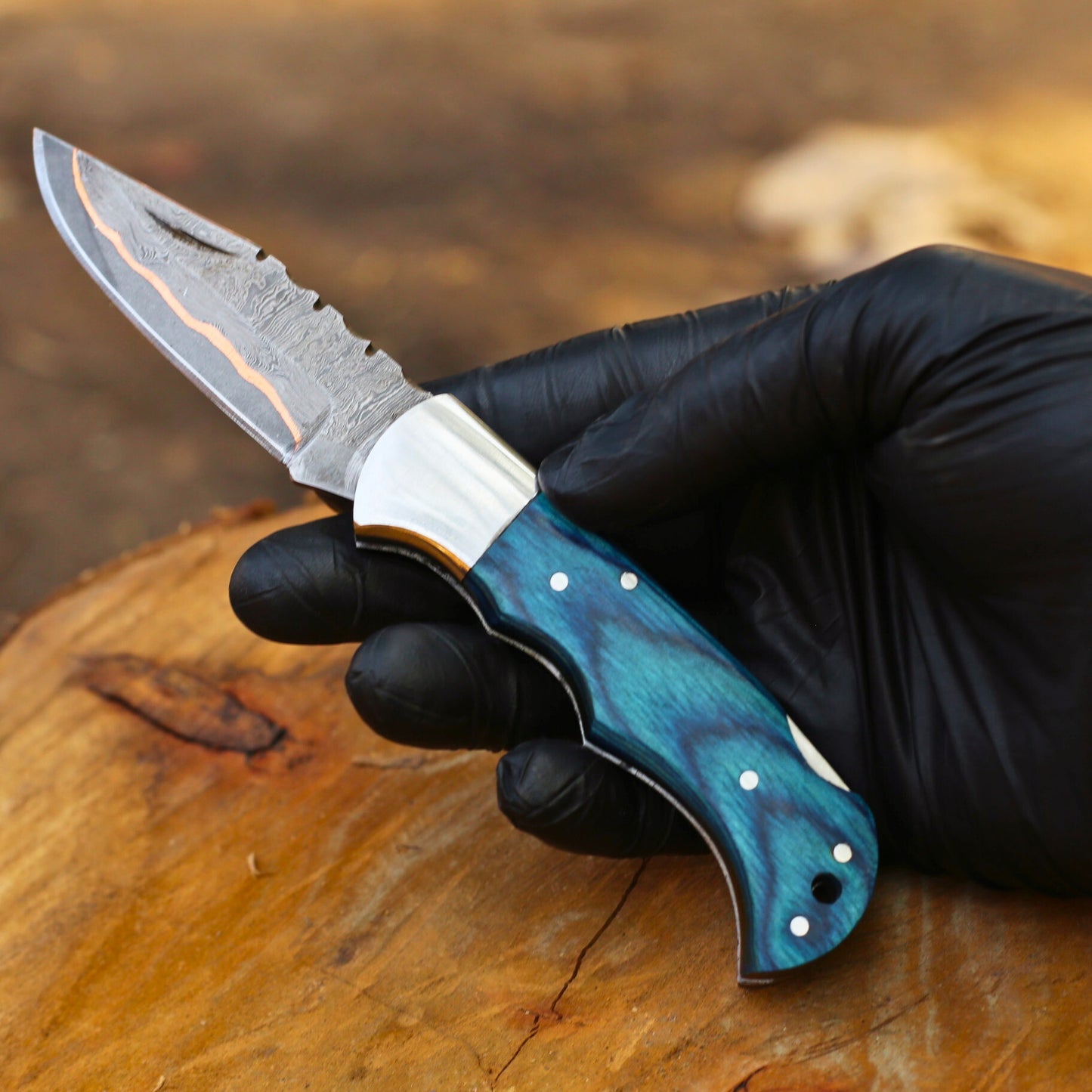 Handcrafted Copper Damascus Folding Knife - CDK 316