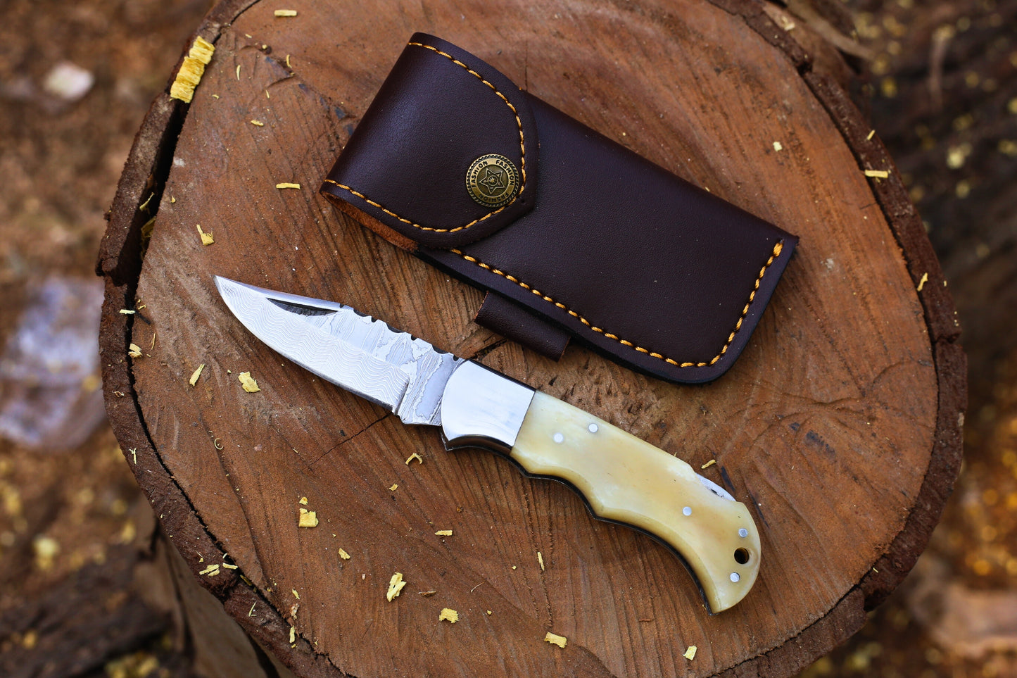 Handcrafted 6.5" Damascus Stainless Steel Folding Pocket Knife | Natural Bone Handle