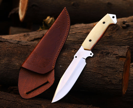 Handmade J2420 Stainless Steel Hunting Knife with Leather Sheath - X00432CY15