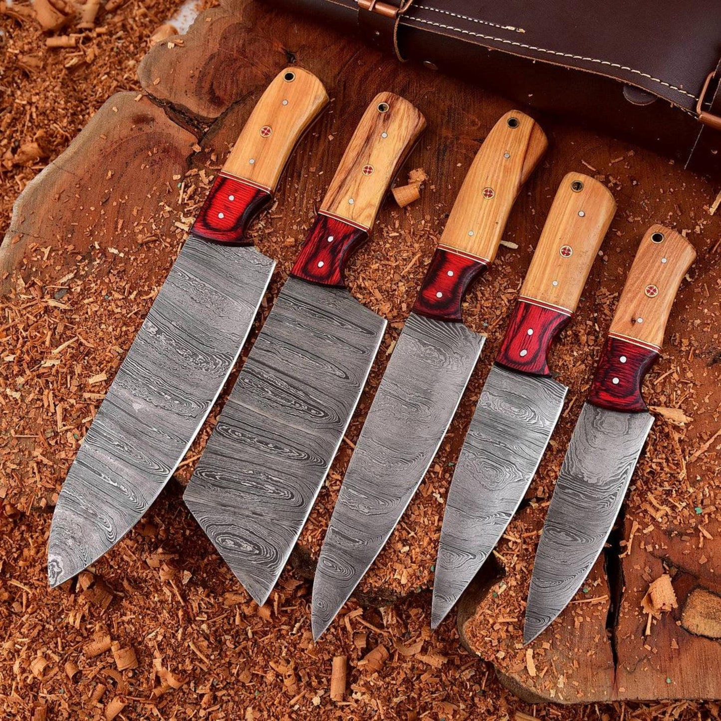 Custom 5-Piece Damascus Chef Knife Set | Olive Wood & Red Pakkawood | Leather Roll Bag