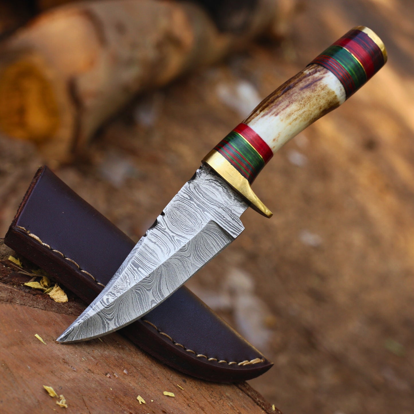 Handcrafted Damascus Steel Skinner Knife with Stag Horn Handle -AD-HK702