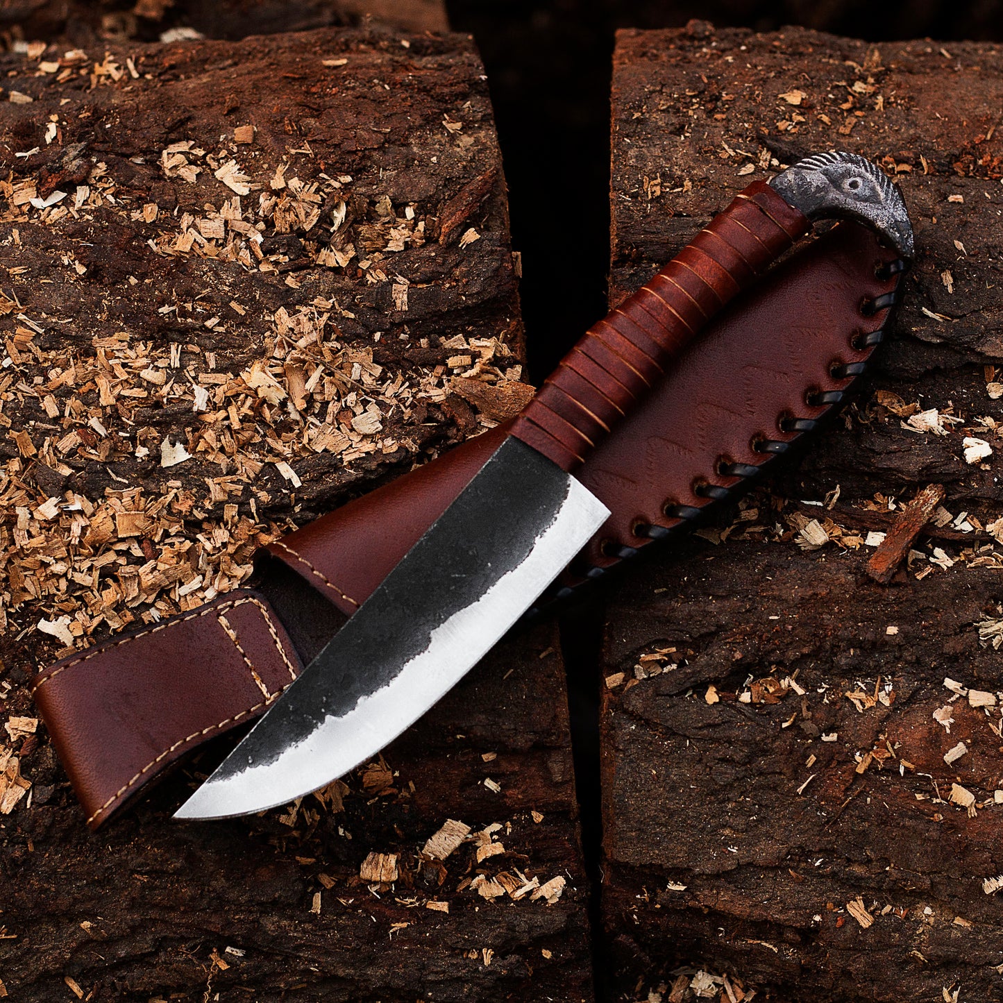 Custom Handmade Carbon Steel Viking Knife with Raven Head Hilt- AD-HK703