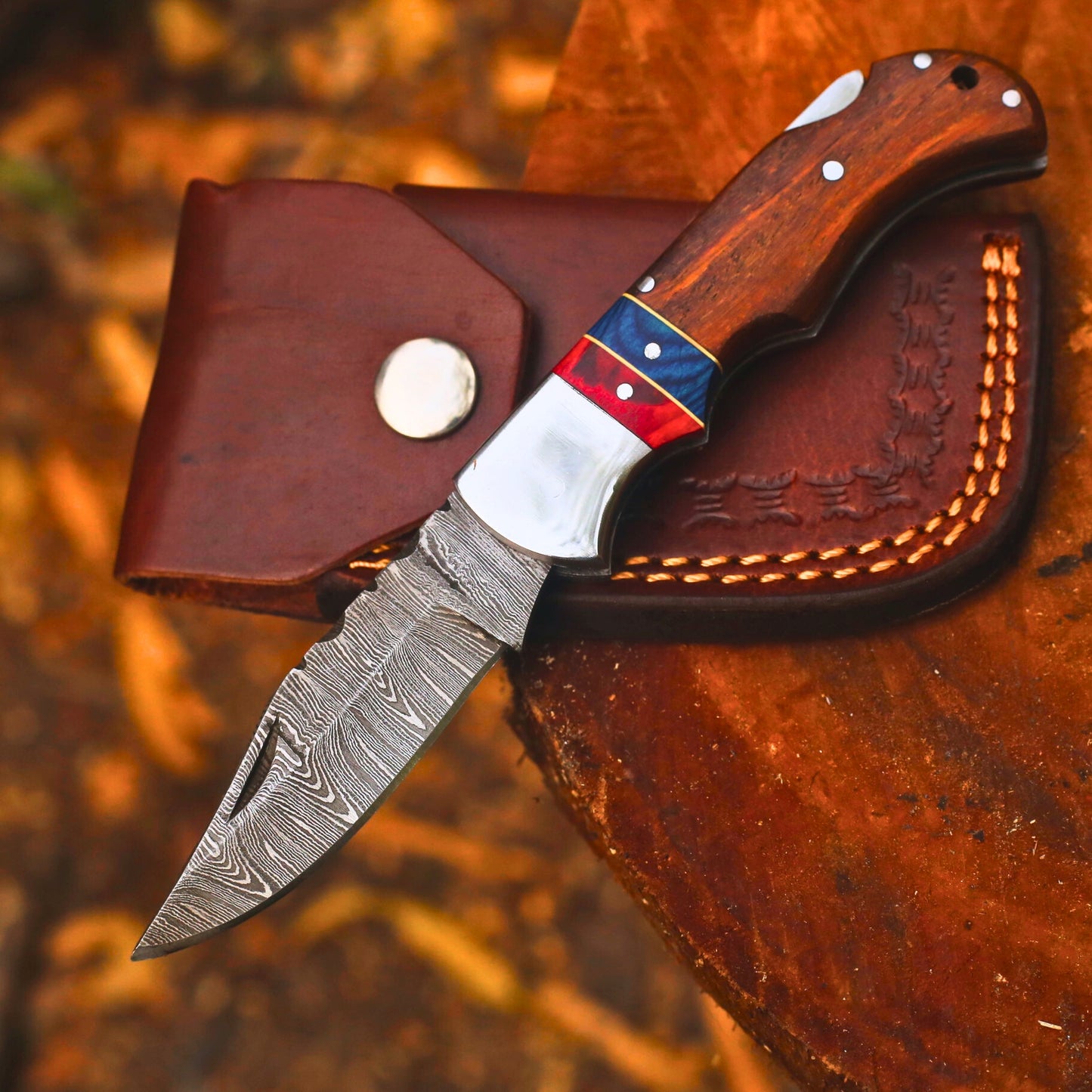 Handmade Damascus Steel Folding Pocket Knife | Custom EDC Knife with Leather Sheath-FK527
