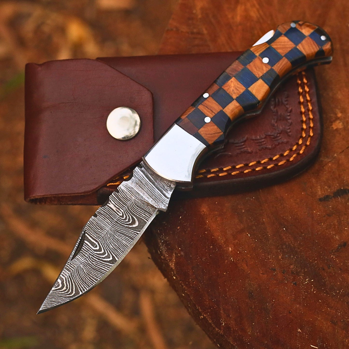 Handmade Damascus Steel Folding Pocket Knife | Custom EDC Knife with Leather Sheath-FK530