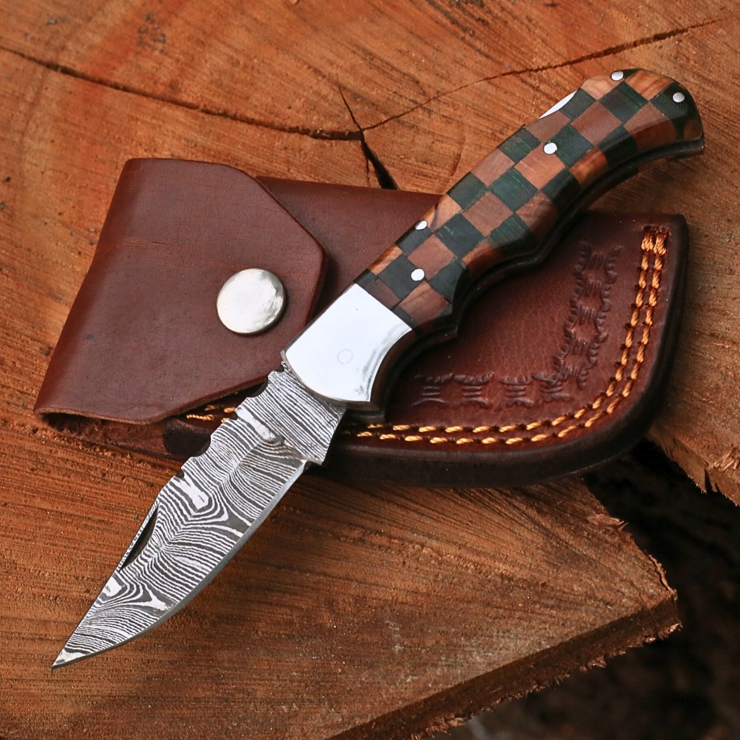 Handmade Damascus Steel Folding Pocket Knife | Custom EDC Knife with Leather Sheath-FK531