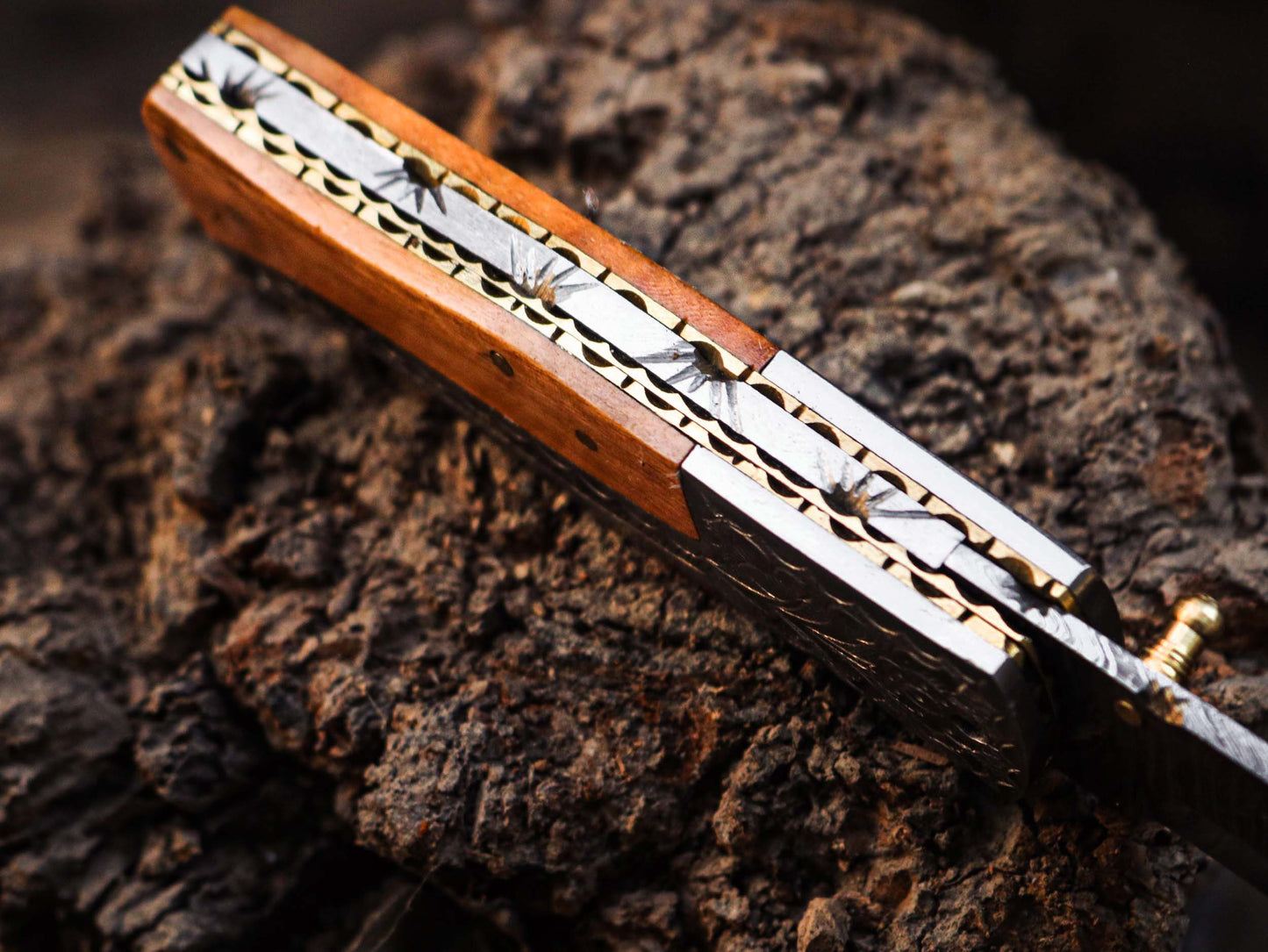 Hand forged Damascus Steel Folding Knife With Olive Wood And Steel Handle Included Leather Sheath