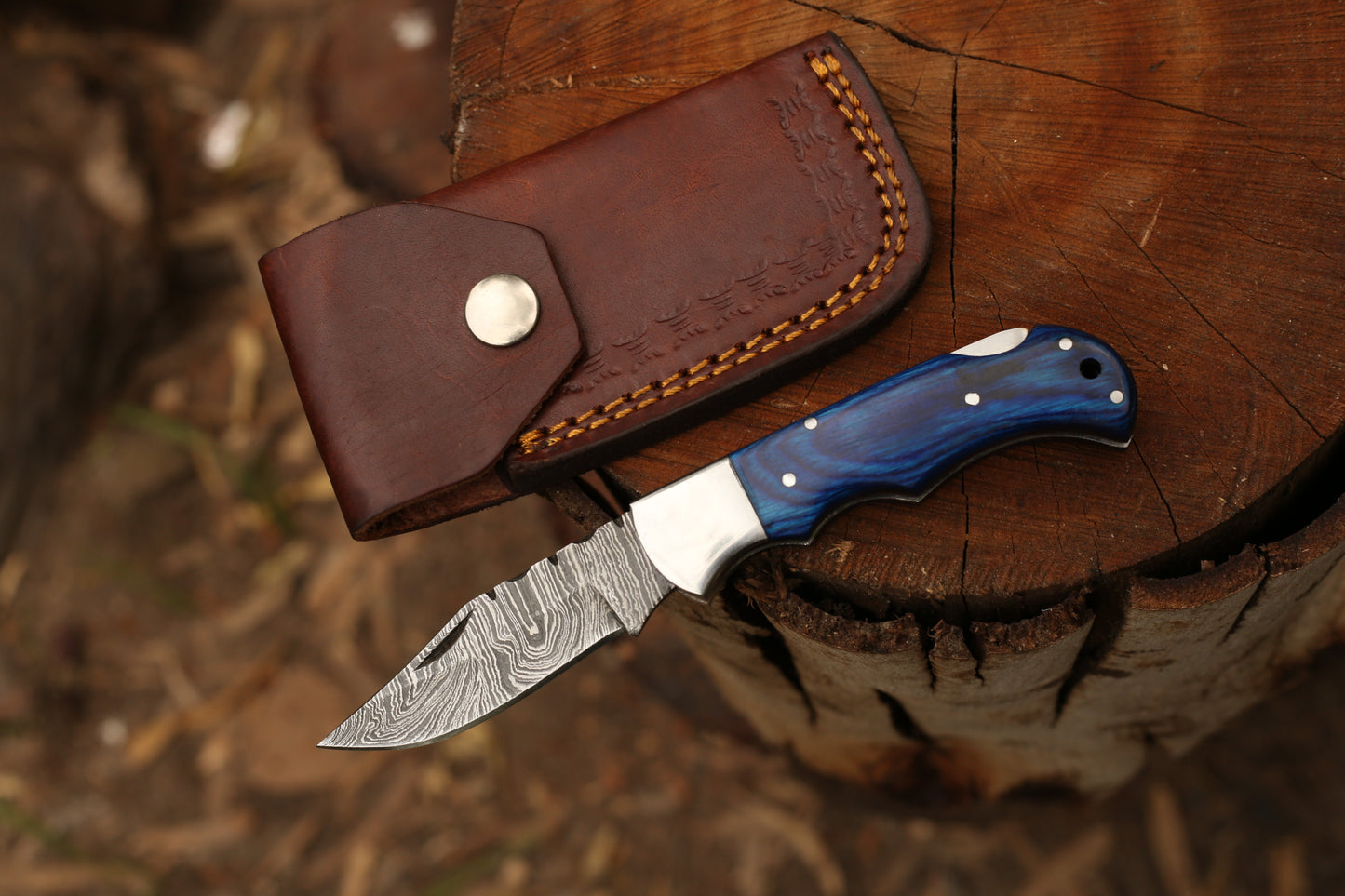 Hand-Forged Damascus Steel Folding Knife with Premium Leather Cover & Blue Pakkawood Handle