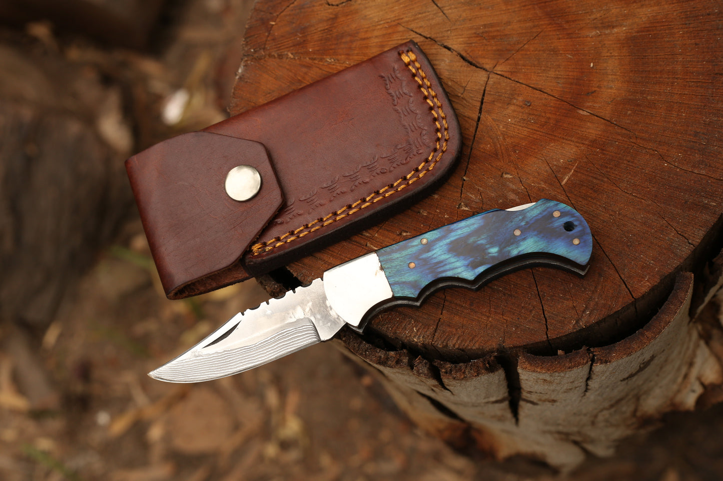 Handcrafted 6.5" Damascus Steel Folding Pocket Knife with Leather Cover | Stabilized Blue Wood Handle