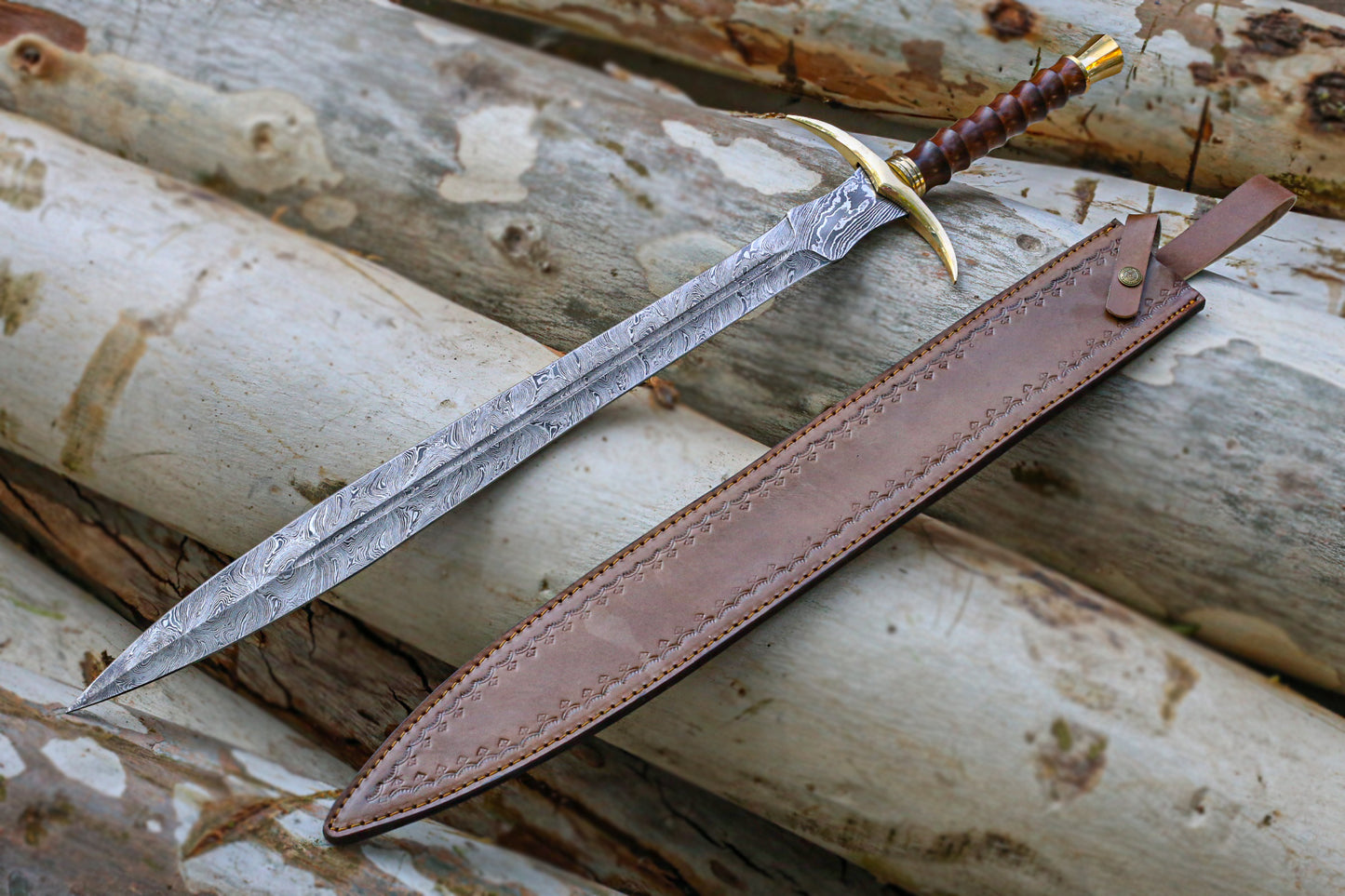 Hand-Forged Damascus Steel Viking Sword Replica with Genuine Leather Cover – 32" Nordic Longsword