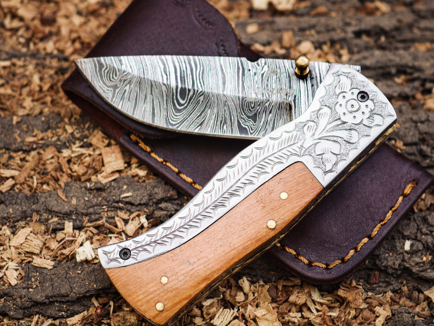 Hand forged Damascus Steel Folding Knife With Olive Wood And Steel Handle Included Leather Sheath