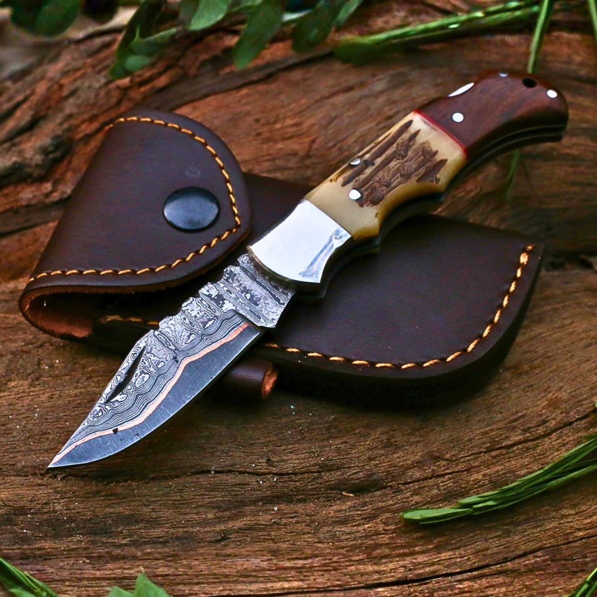 Custom Copper Damascus Folding Knife | Natural Bone & Rosewood Handle | Leather Cover
