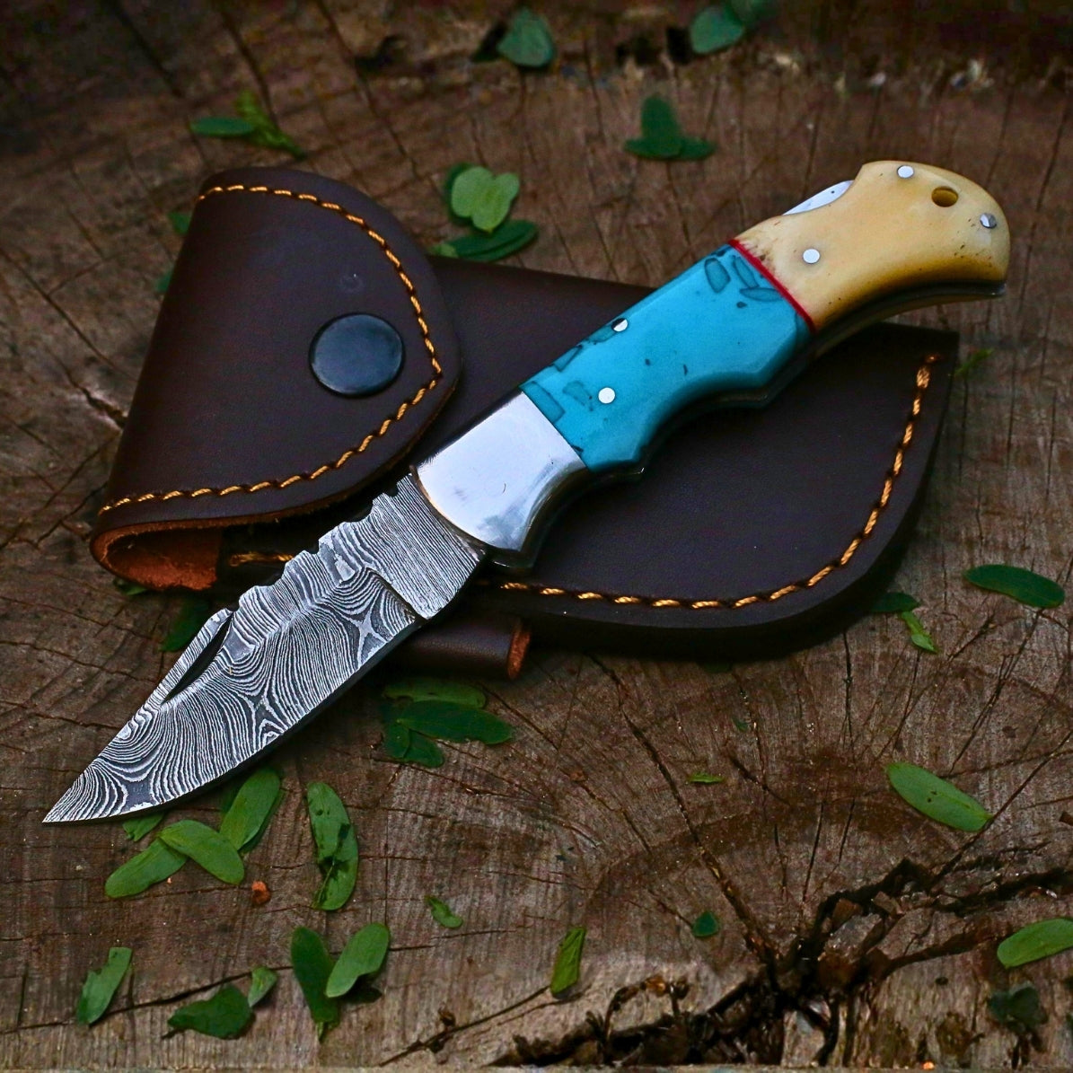 Custom Damascus Folding Pocket Knife | Turquoise Feroza & Natural Bone | Leather Cover