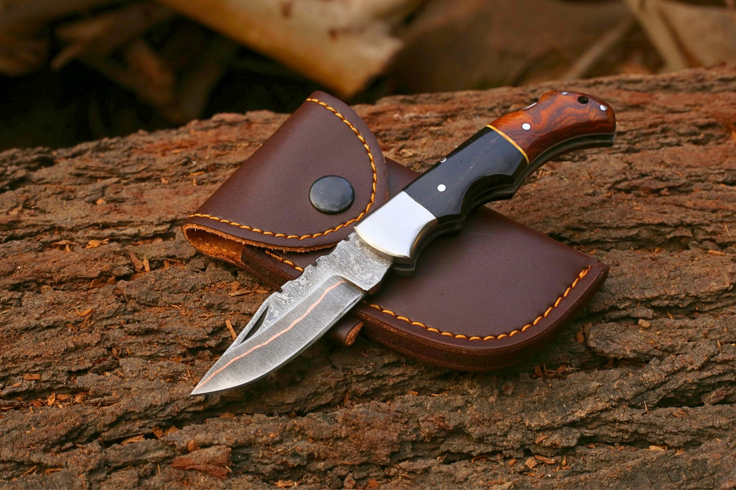 Custom Copper Damascus Folding Knife | Black Buffalo Horn & Rosewood | Leather Cover