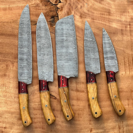 Handmade Damascus Steel Kitchen  Set Of 5Pcs With Pakka Wood Handle - Ad-CKS101