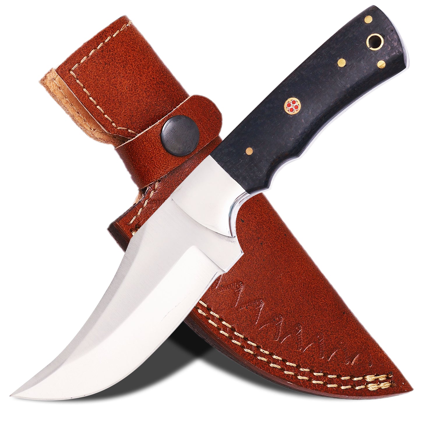 8" Hand-Forged High Carbon Steel Hunting Knife | Black Micarta with Mosaic Pin | Premium Hand-Stitched Leather Cover