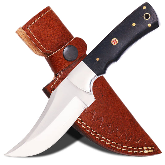 8" Hand-Forged High Carbon Steel Hunting Knife | Black Micarta with Mosaic Pin | Premium Hand-Stitched Leather Cover