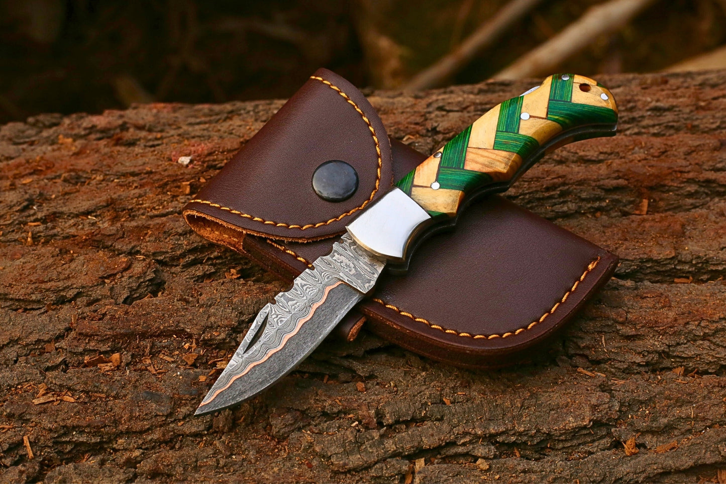 Custom Copper Damascus Folding Knife | Green Pakkawood & Ashwood Handle | Leather Cover