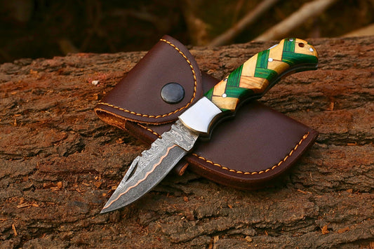 Custom Copper Damascus Folding Knife | Green Pakkawood & Ashwood Handle | Leather Cover