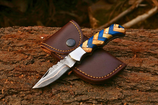Custom Copper Damascus Folding Pocket Knife | Blue Pakkawood & Ashwood Handle | Leather Cover