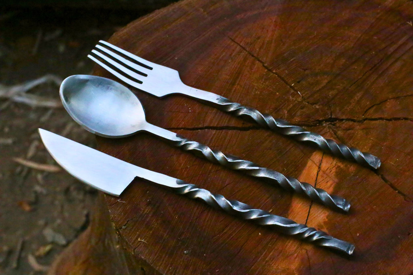 Hand-Forged High Carbon Steel Flatware Set | Twisted Handle Rustic Cutlery