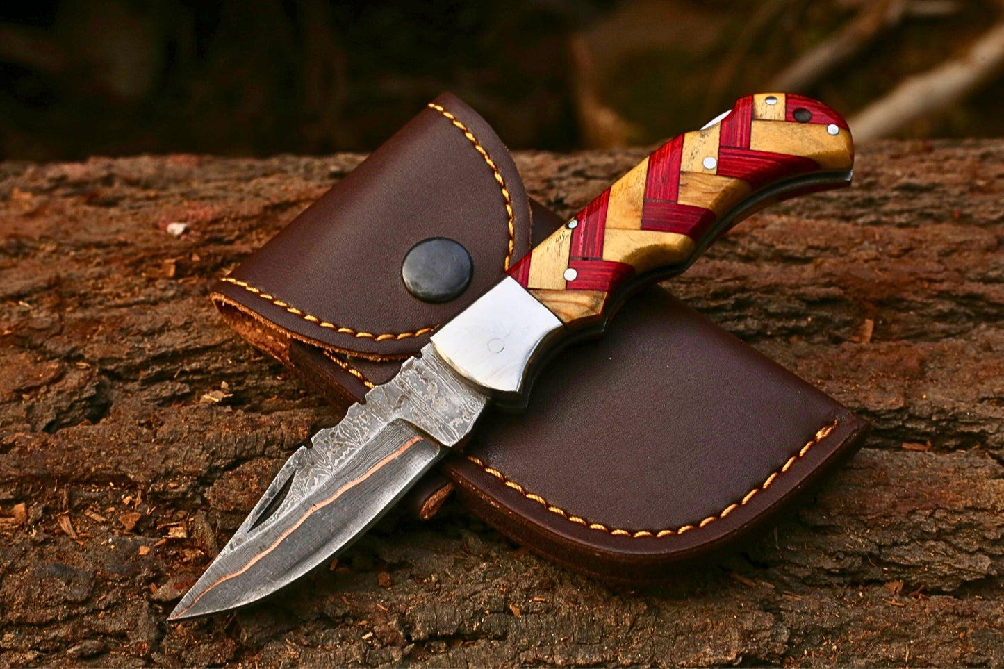 Custom Copper Damascus Pocket Knife | Red Pakkawood & Ashwood Handle | Leather Cover