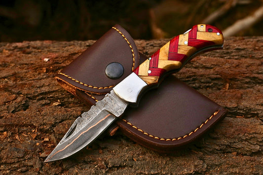Custom Copper Damascus Pocket Knife | Red Pakkawood & Ashwood Handle | Leather Cover