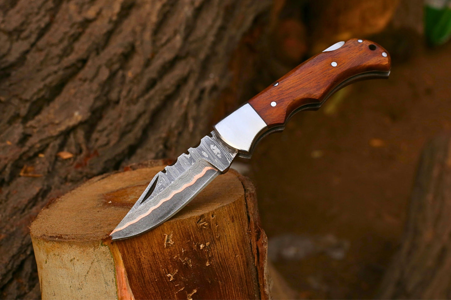 Custom Copper Damascus Folding Pocket Knife | Natural Rosewood Handle | Leather Cover