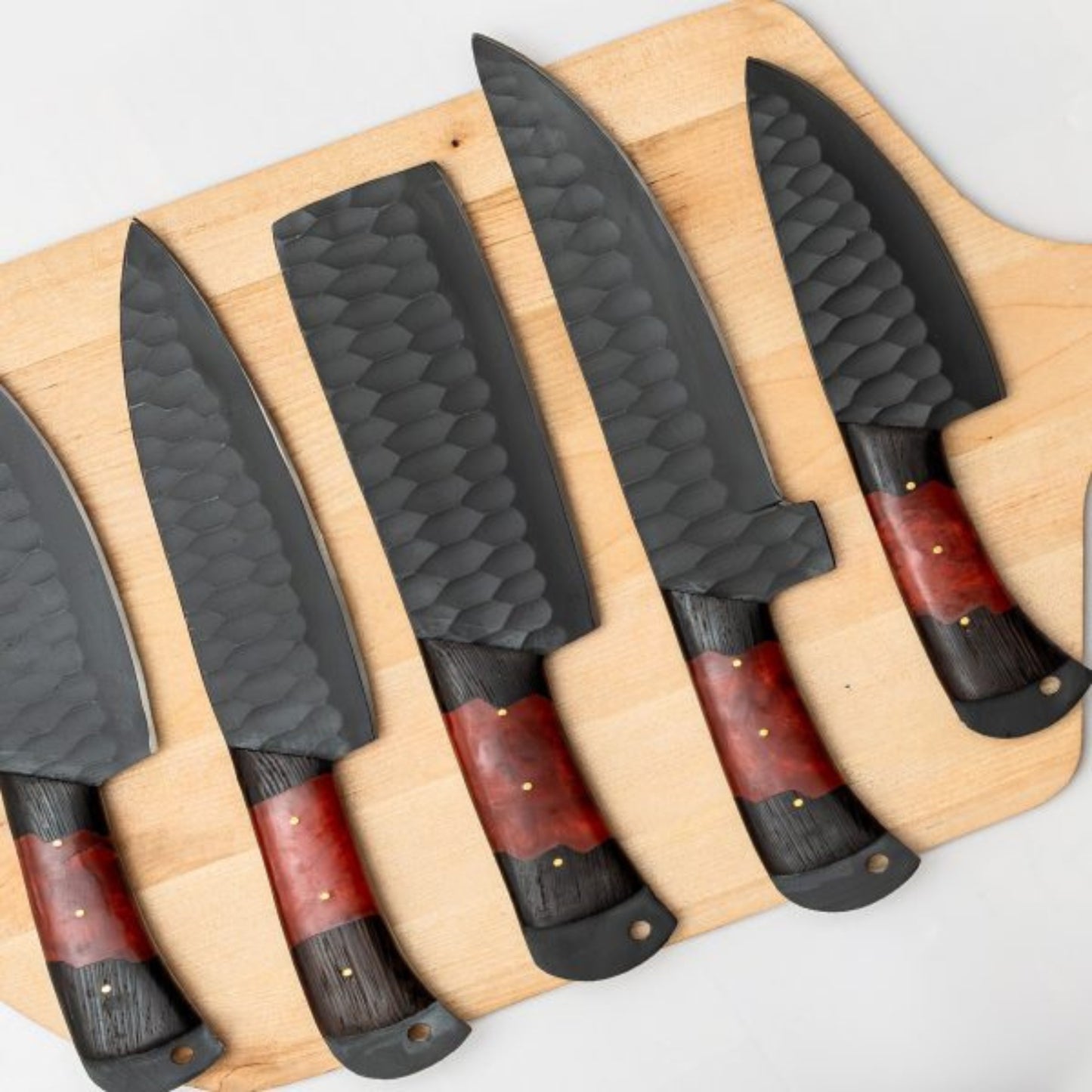 5-Piece Hand-Forged Chef Knife Set | Black Hammered Steel & Red Resin Wenge Wood | Leather Roll Bag