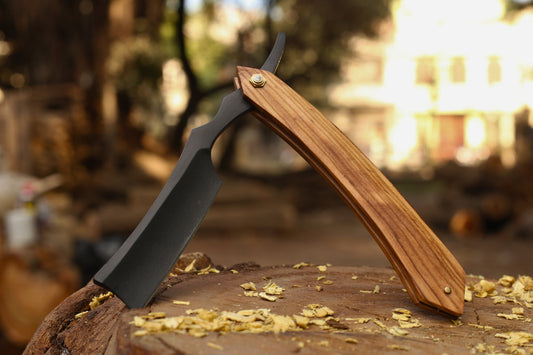 Custom Hand-Forged Damascus Steel Folding Barber Razor | Olive Wood Handle | Matte Black Powder Coated