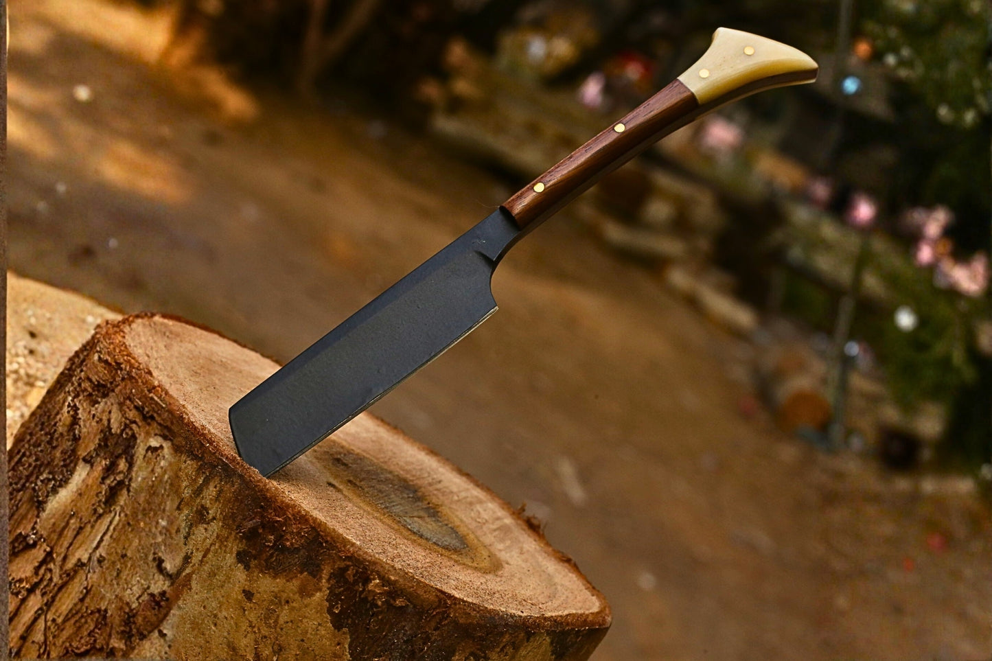 Handcrafted Fixed Straight Razor – 6.5" Natural Rosewood & Camel Bone Handle