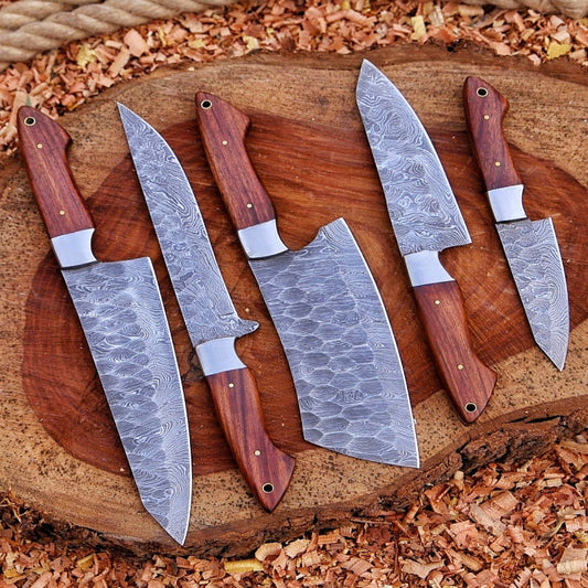 Handmade Damascus Steel Kitchen  Set Of 5Pcs With Rose wood Handle - Ad-CKS109