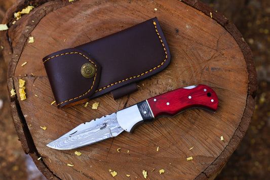 Premium 6.5" Hand-Forged Damascus Stainless Steel Folding Pocket Knife with Leather Cover