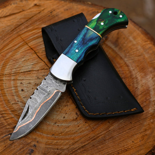 Handcrafted Copper Damascus Folding Knife - CDK 304