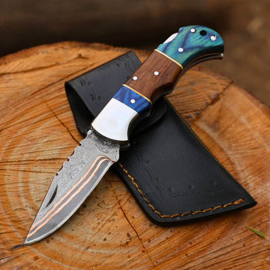 Handcrafted Copper Damascus Folding Knife - CDK 306