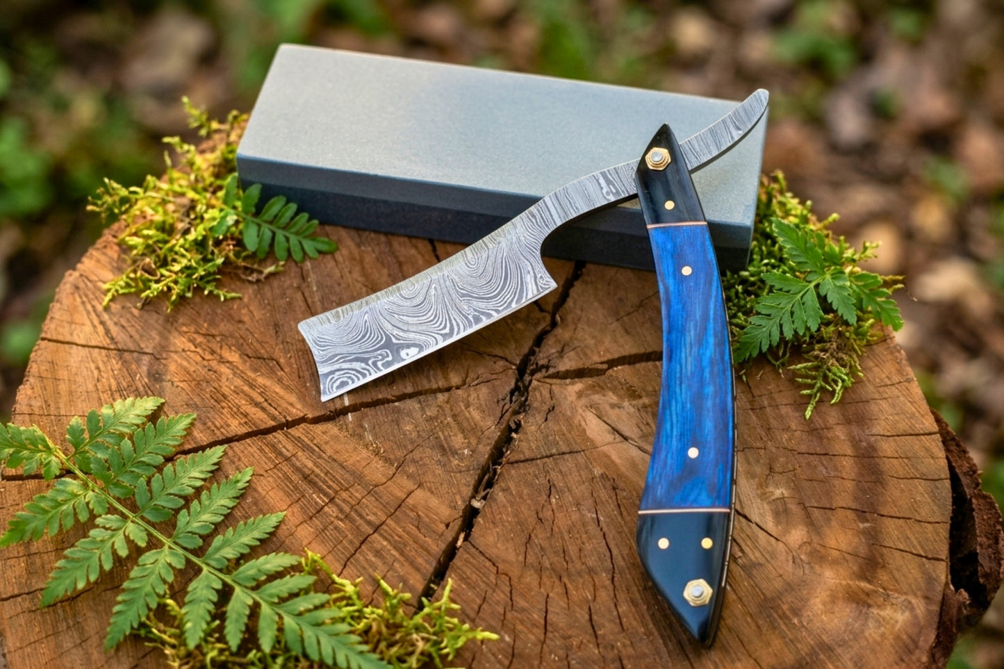Handmade Damascus Steel Straight Razor Folding Knife – 9.5" Blue Pakkawood & Buffalo Horn Handle