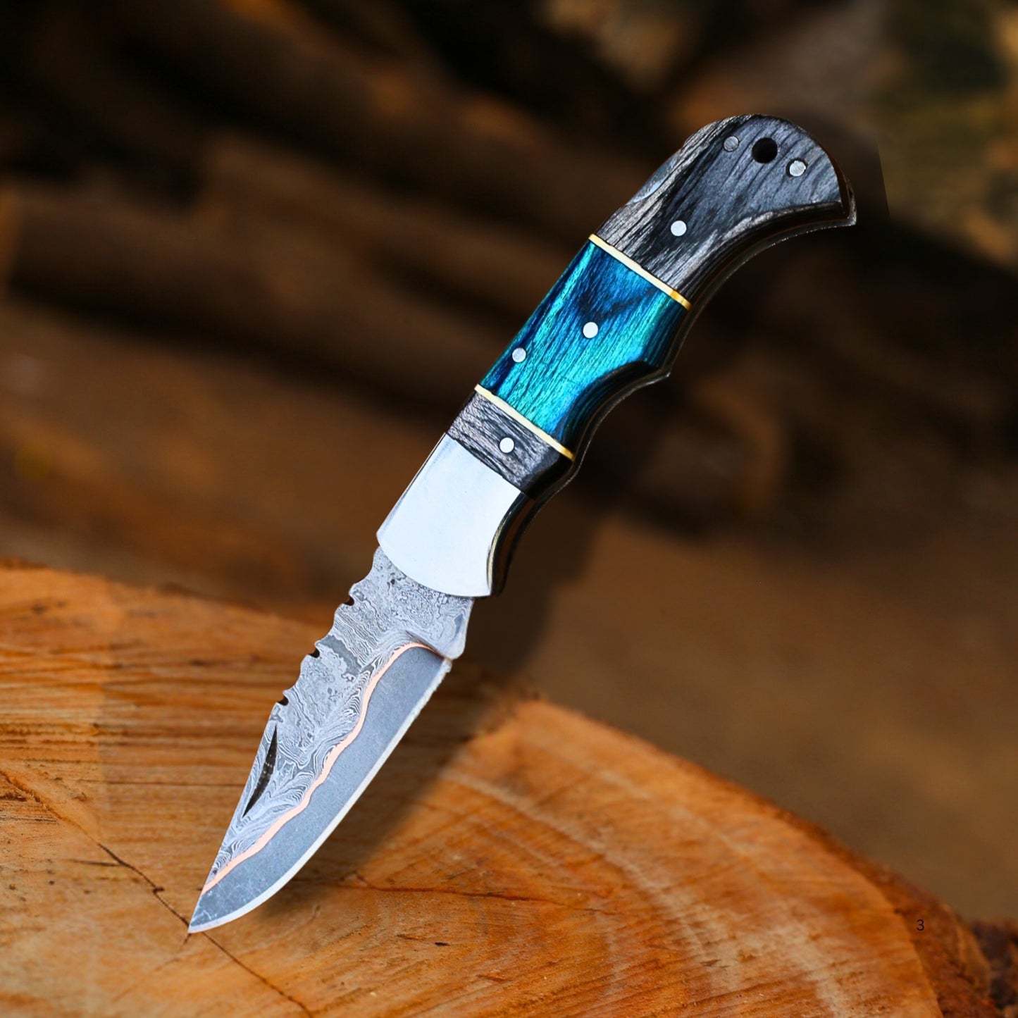 Hand-Forged 6.5" Copper Damascus Steel Folding Knife - Multi-Tone Pakka Wood - Custom Leather Sheath