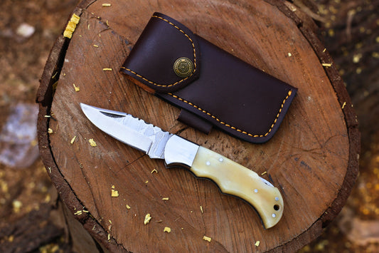 Handcrafted 6.5" Damascus Stainless Steel Folding Pocket Knife | Natural Bone Handle