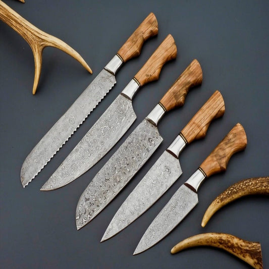 Handmade Damascus Steel Kitchen  Set Of 5Pcs With Olive wood Handle - Ad-CKS108