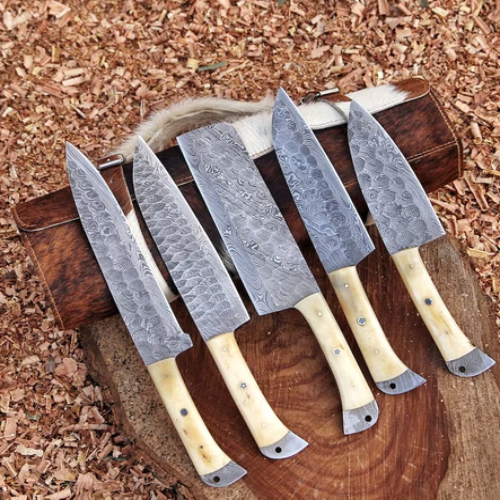 Handmade Damascus Steel Kitchen  Set Of 5Pcs With Bone Handle - Ad-CKS103