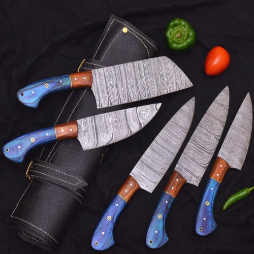 Handmade Damascus Steel Kitchen  Set Of 5Pcs With Pakka Wood Handle - Ad-CKS106