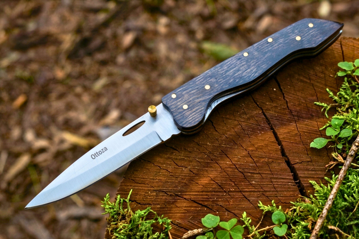 Custom Stainless Steel Folding Pocket Knife | Dark Pakkawood Handle | Leather Cover