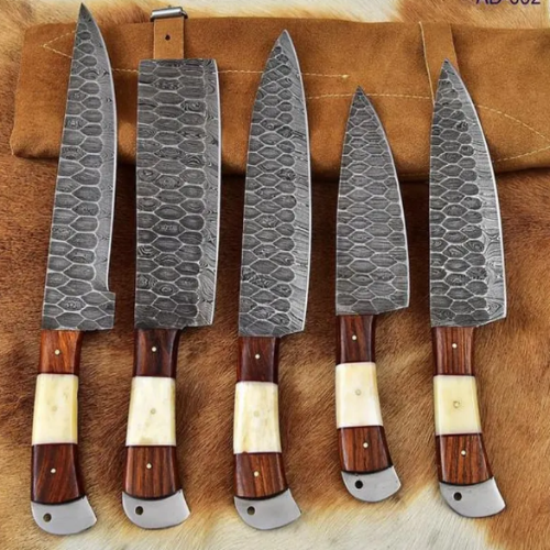 Handmade Damascus Steel Kitchen  Set Of 5Pcs With Bone And Rose wood Handle - Ad-CKS104