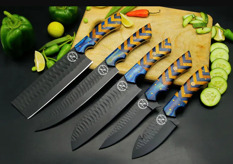 Handmade Damascus Steel Kitchen  Set Of 5Pcs With Blue And olive wood Handle - Ad-CKS110