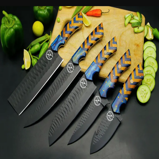 Handmade Damascus Steel Kitchen  Set Of 5Pcs With Blue And olive wood Handle - Ad-CKS110