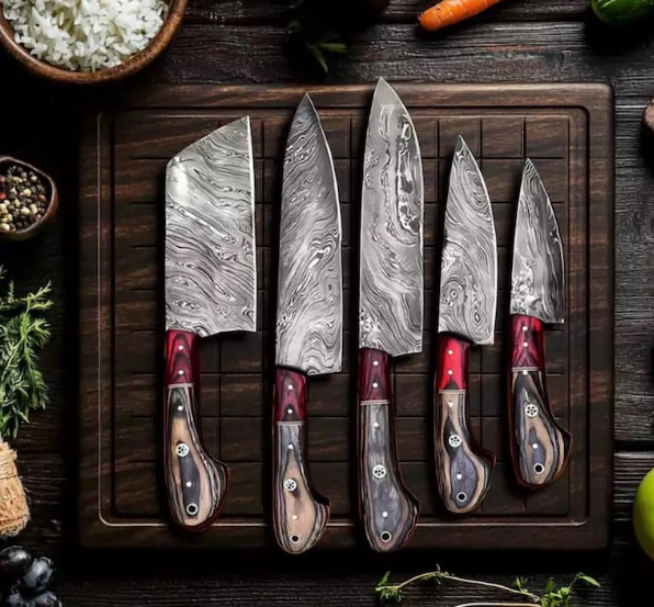 Handmade Damascus Steel Kitchen  Set Of 5Pcs With Pakka WoodHandle - Ad-CKS107
