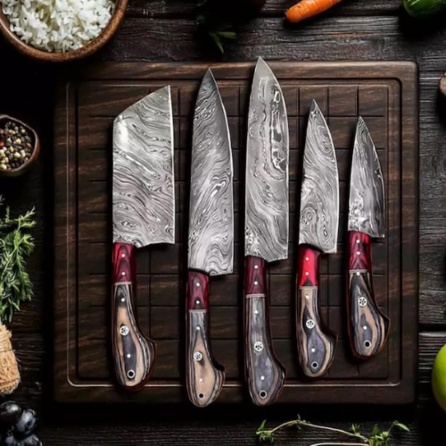 Handmade Damascus Steel Kitchen  Set Of 5Pcs With Pakka WoodHandle - Ad-CKS107