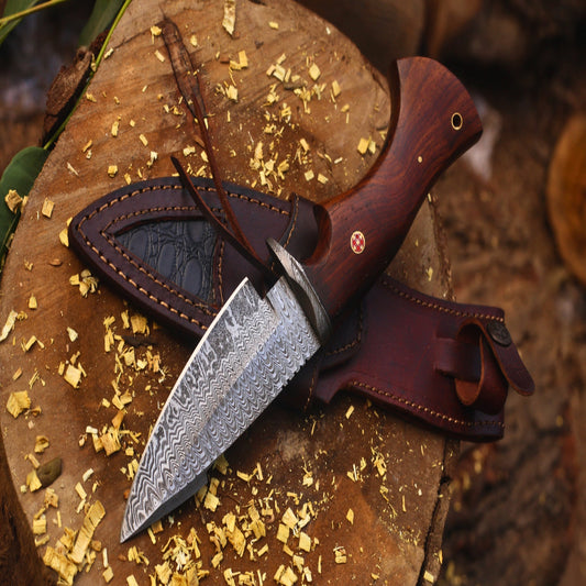 Handmade Bobcat Damascus Knife, Rosewood Handle Fixed Blade . HKBCT-1